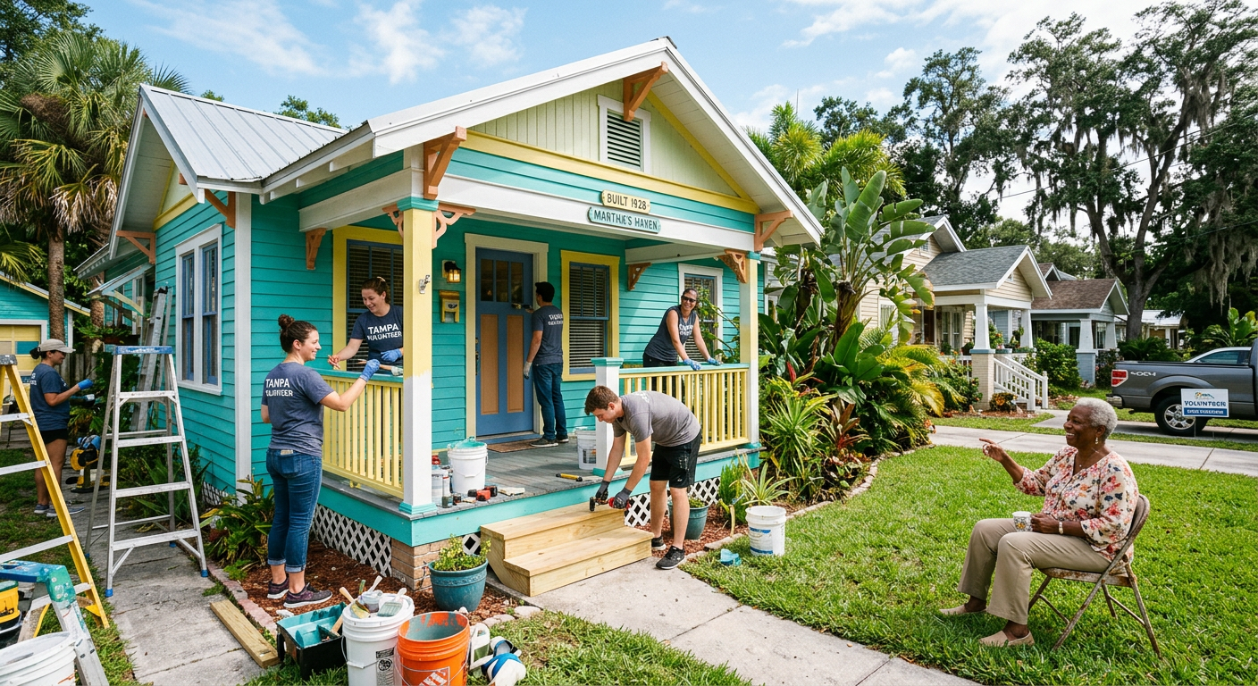 Volunteers repairing and painting the porch of a Tampa bungalow