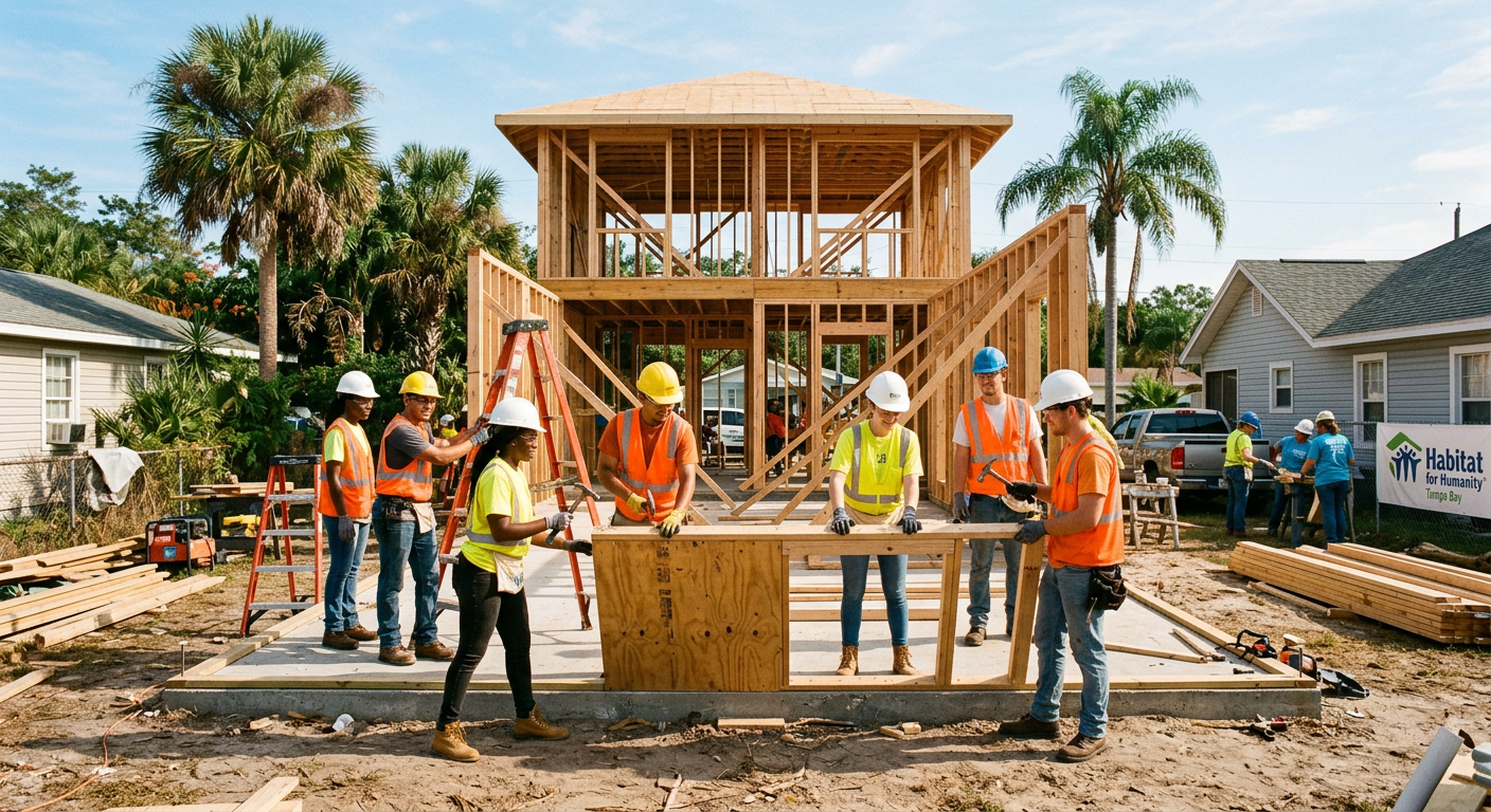 Apprentices and volunteers in hard hats framing a house in a Tampa neighborhood