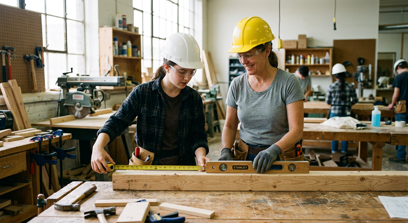 Instructor teaching an apprentice to measure lumber in a workshop